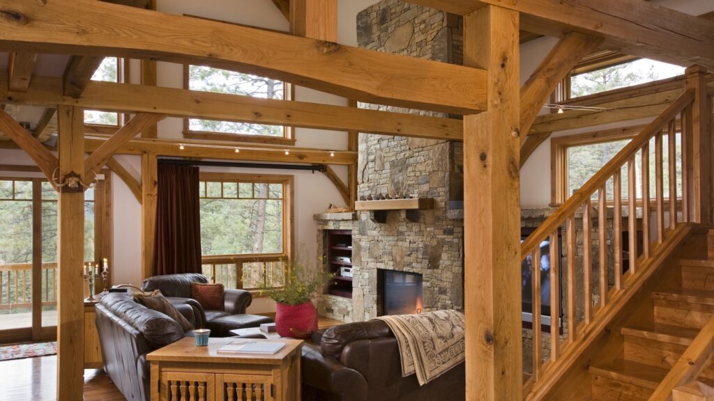 Wind River Timberframes Purgatory home great room